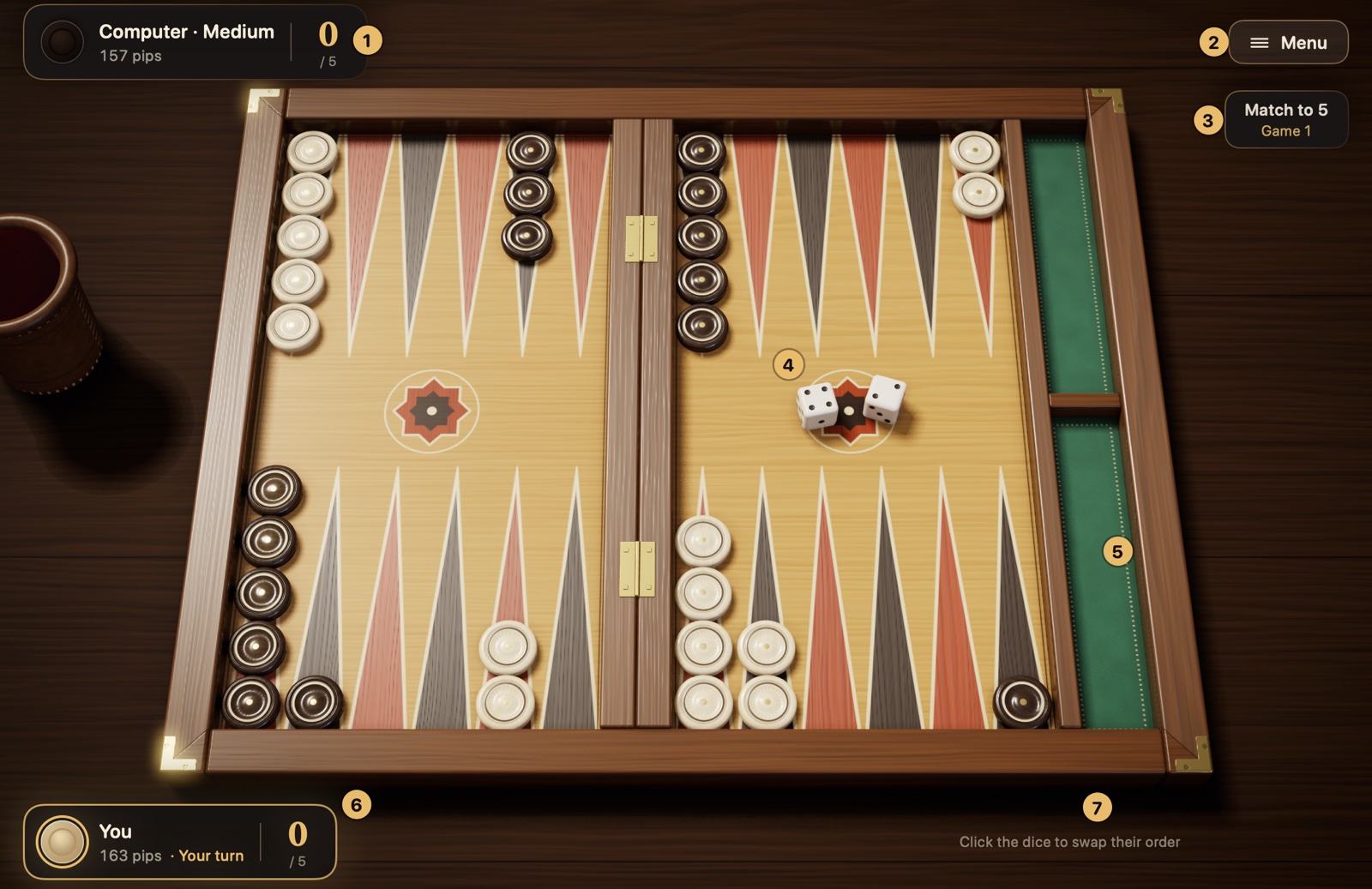The Checkers and Dice game screen · numbered items below