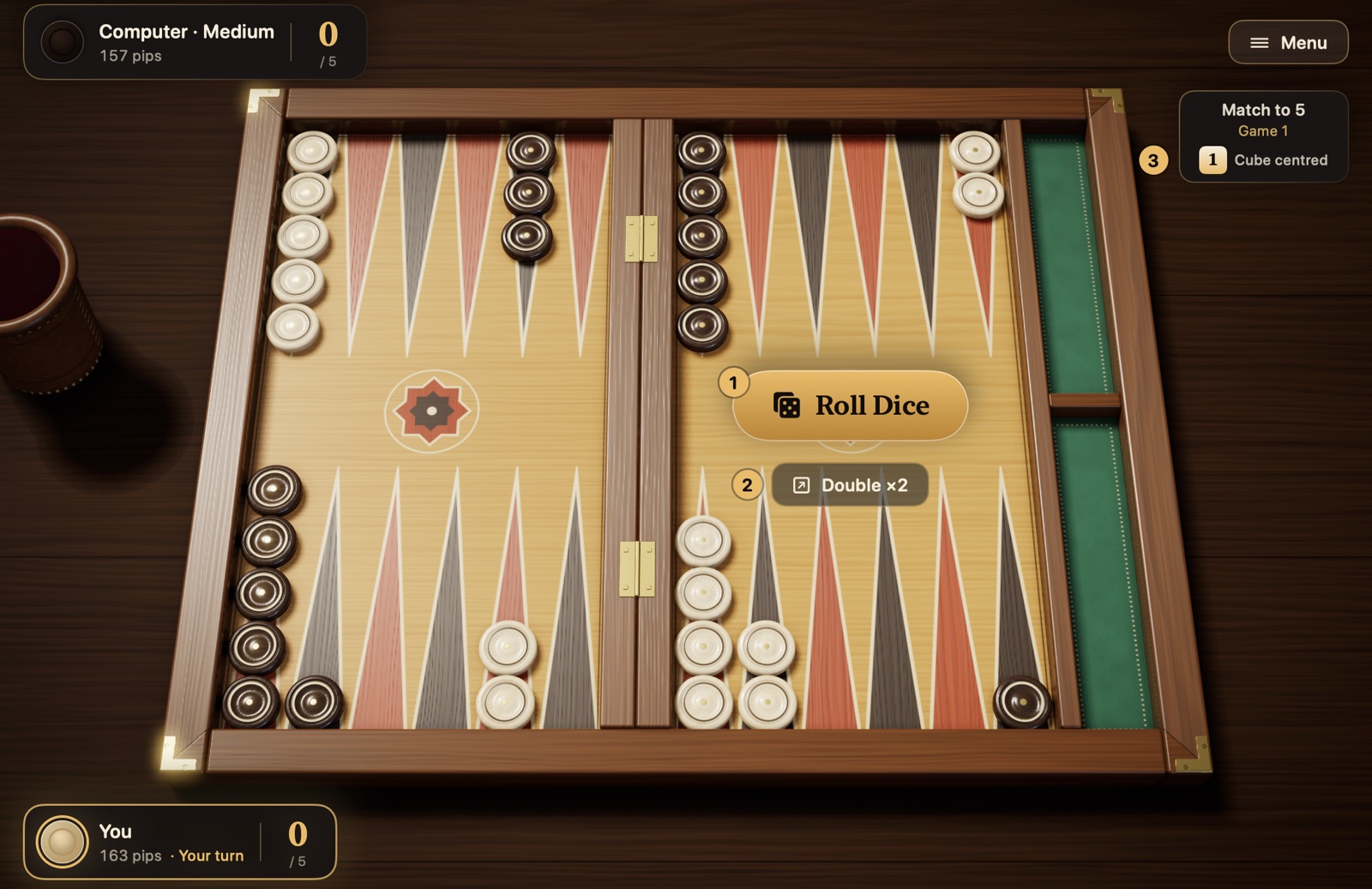 Your turn to roll · 1 Roll Dice, 2 Double, 3 cube indicator