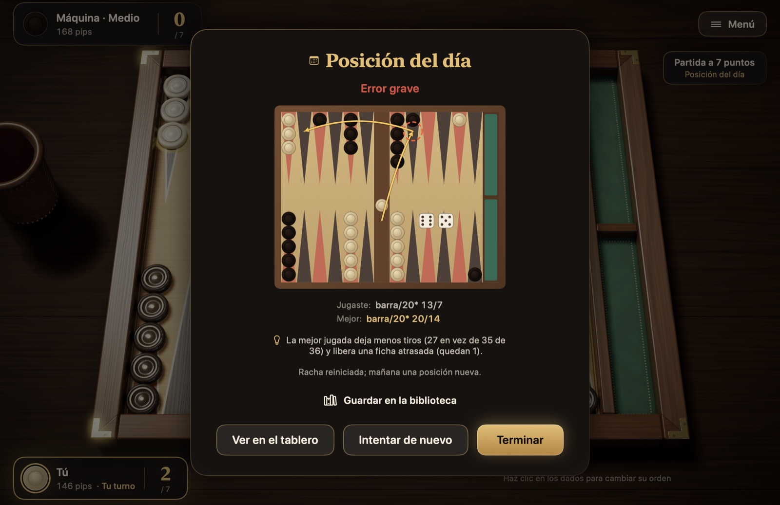 Tarjeta de resultado de la posición del día