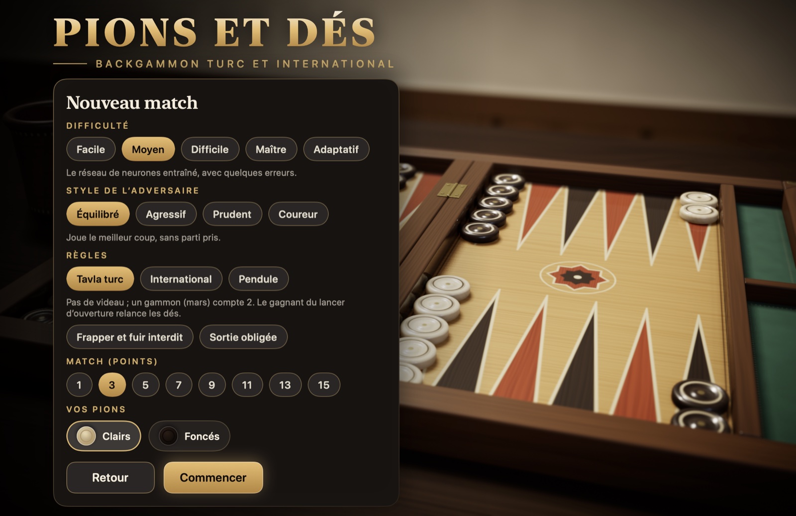 Le panneau Nouveau match