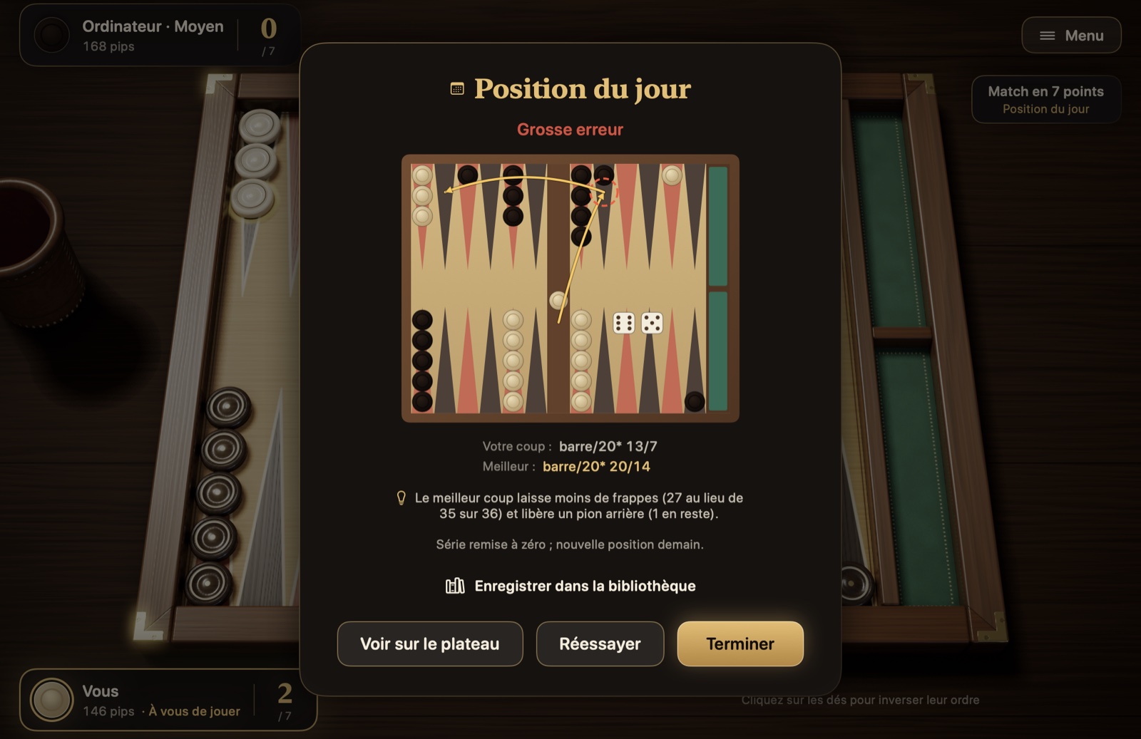 Fiche de résultat de la position du jour