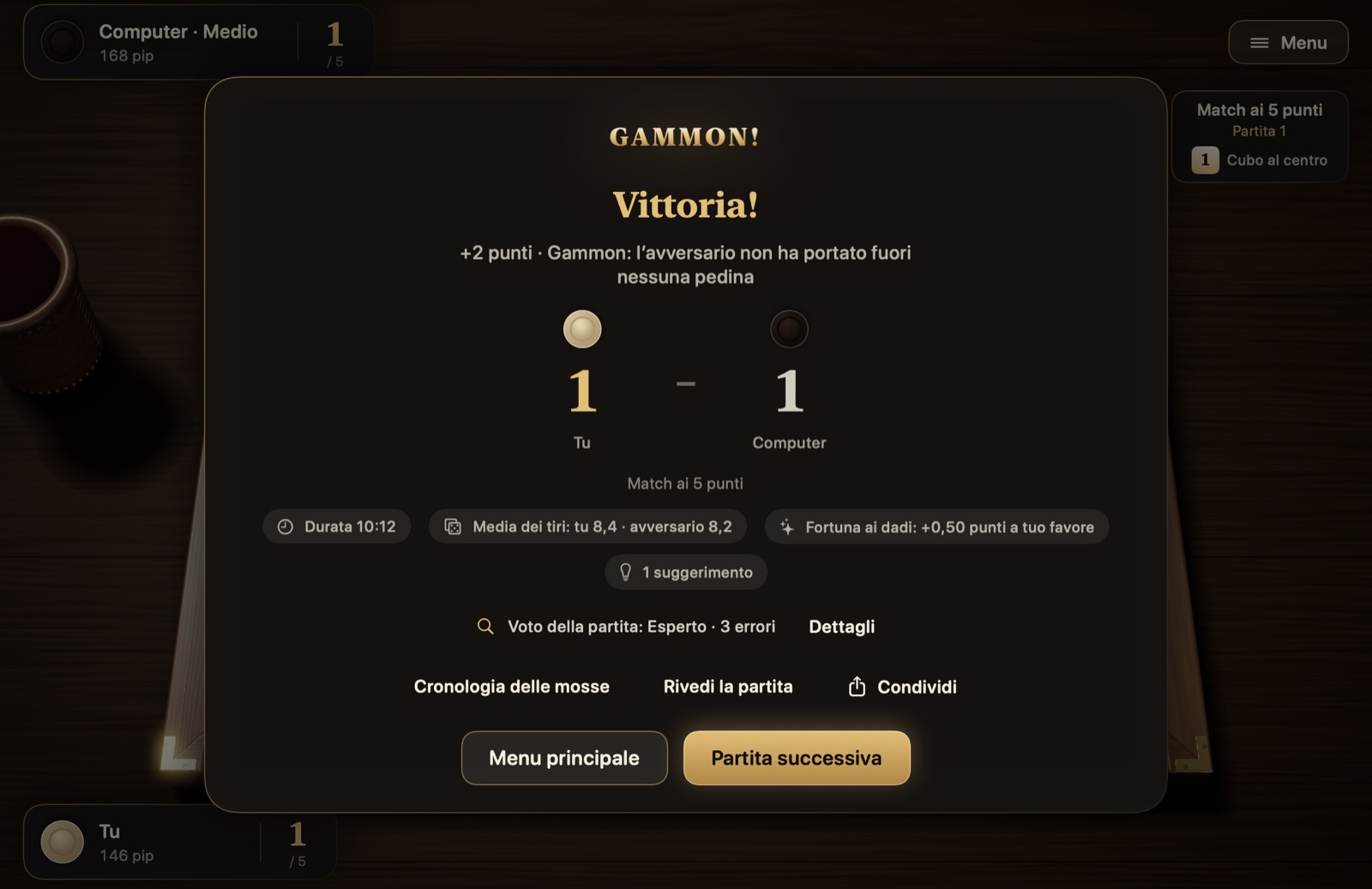 La scheda di fine partita